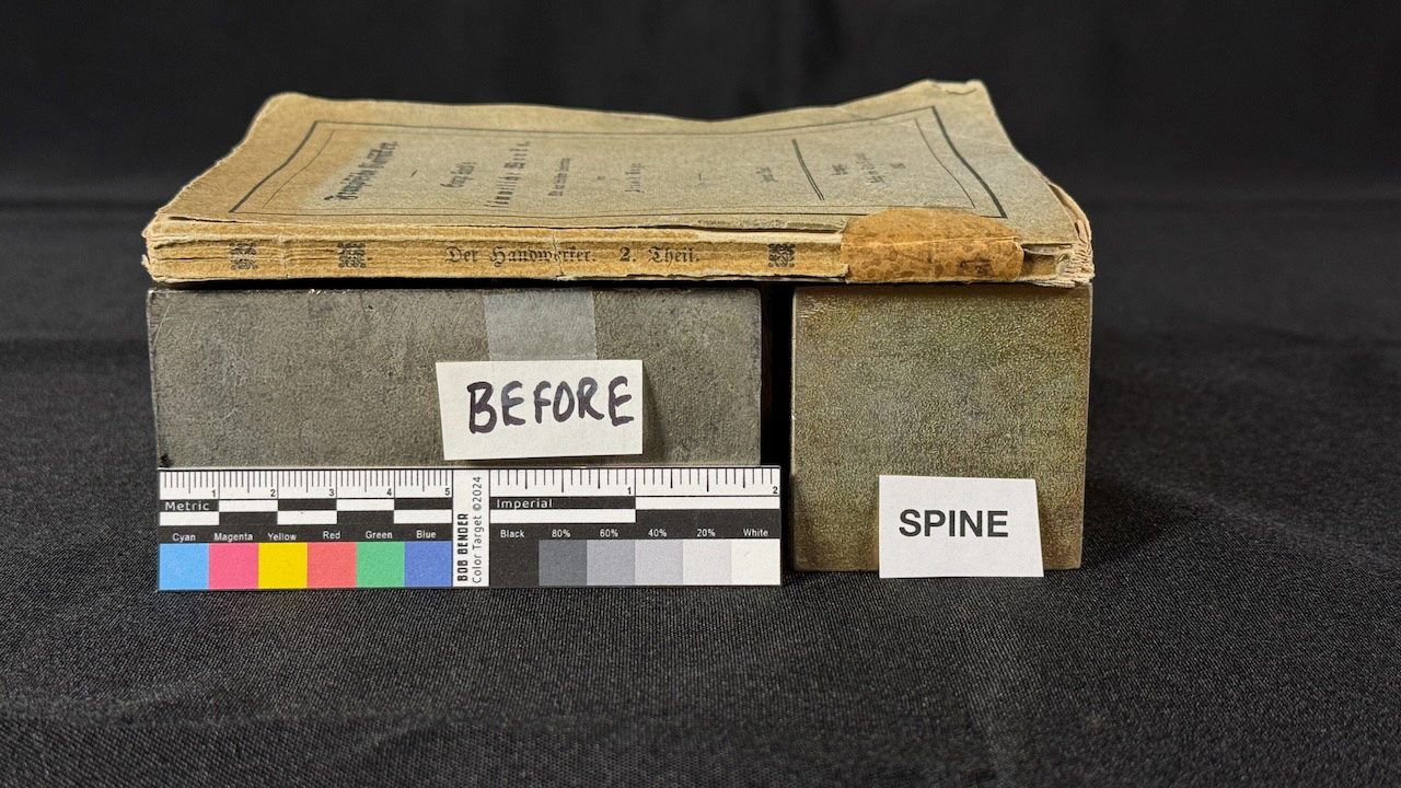 Damaged book before restoration with detached spine and worn boards