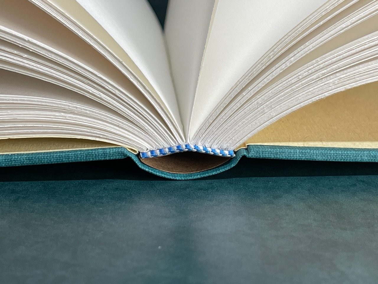 An open hand-sewn book showing the sewing structure at the spine